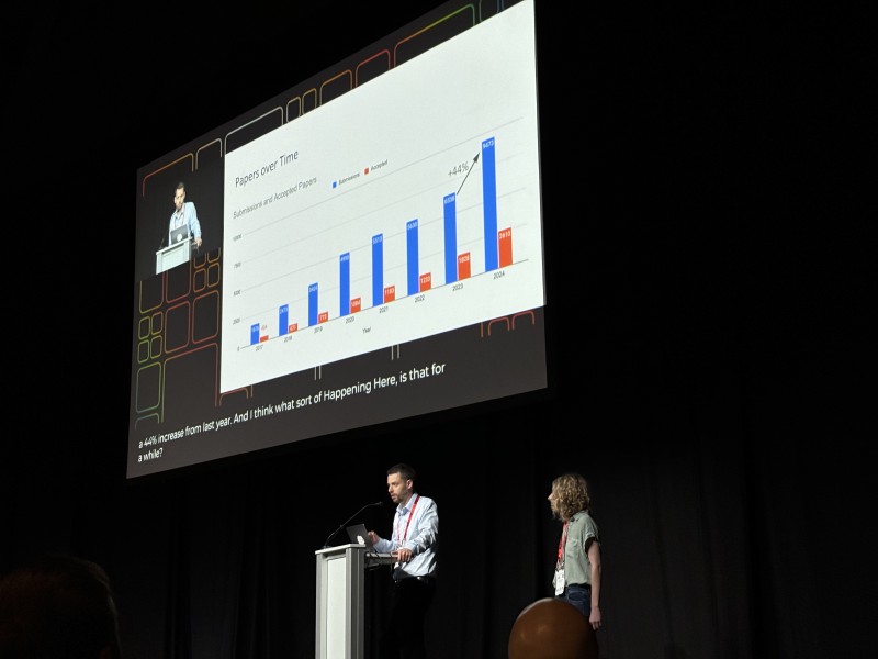 Two of the program chairs standing in front of a slide with a bar chart showing increasing submissions and acceptances