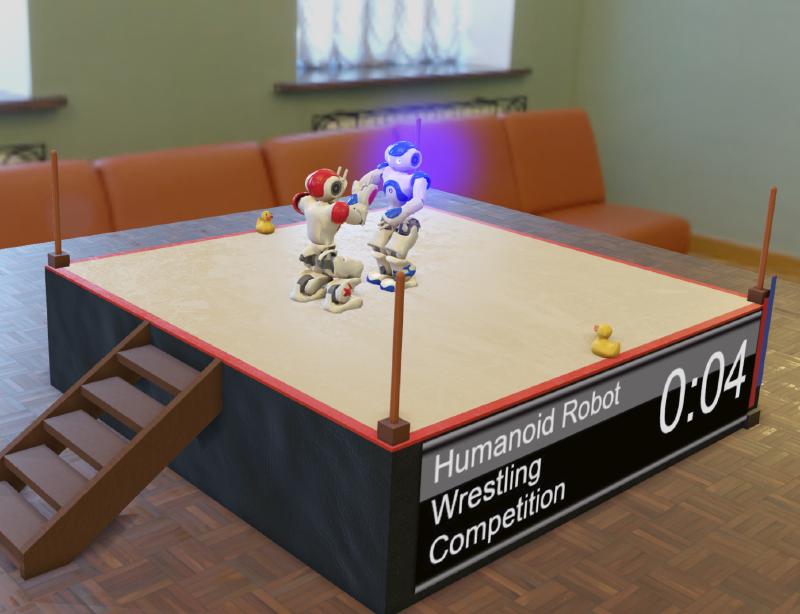 A snapshot from a robot wrestling match, showing two humanoid robots trying to push each other out of an arena.